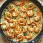 Garlic shrimp skillet - the image shows a frying pan with cooked shrimp in a creamy sauce. the shrimp are pink and appear to be seasoned with herbs and spices. the sauce is a light yellow color and is spread evenly over the shrimp. the pan is black and has a handle on one side. there are two lemons on the side of the pan and a white cloth napkin on the other side. the background is a wooden table.