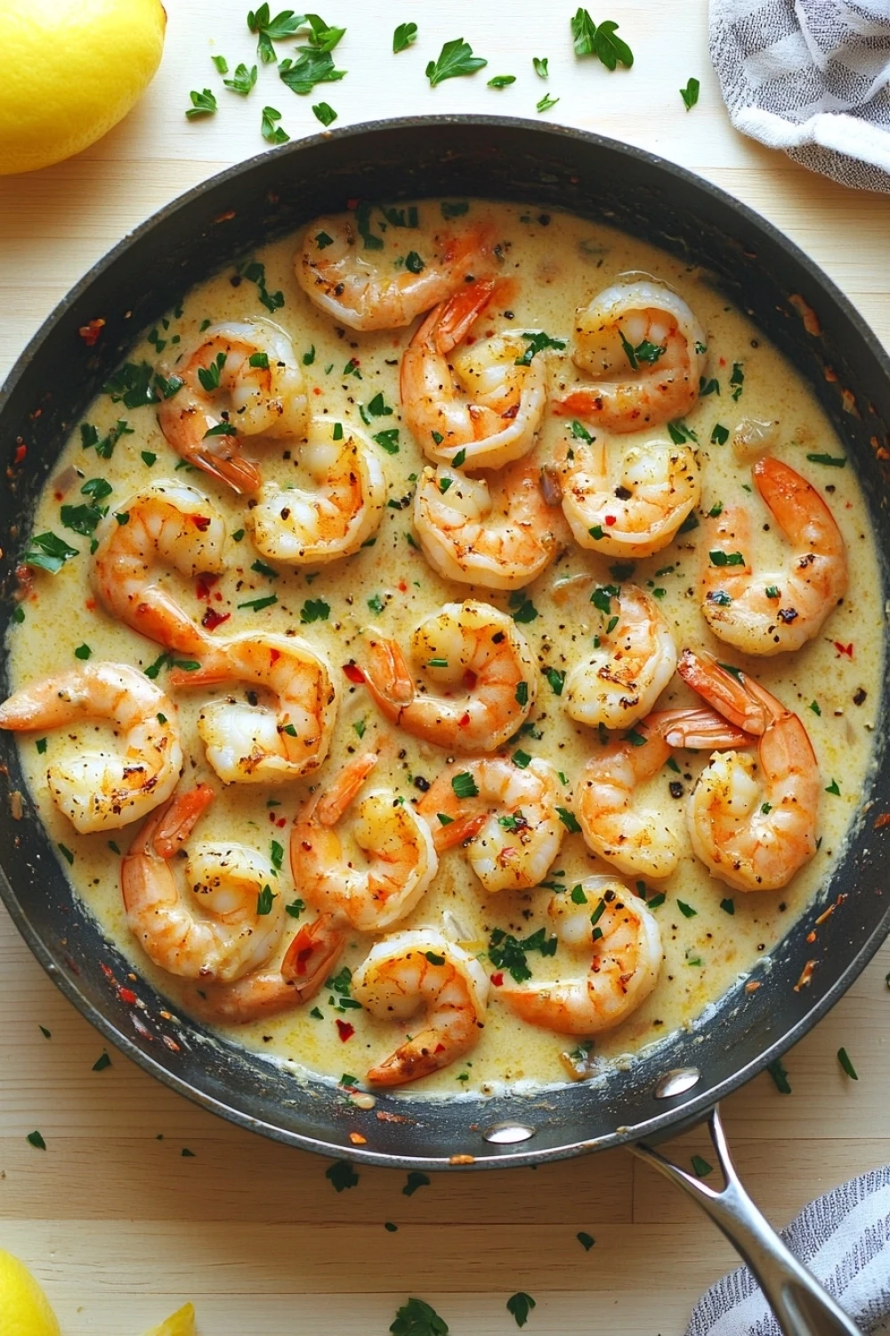 Garlic shrimp skillet - the image shows a frying pan with cooked shrimp in a creamy sauce. the shrimp are pink and appear to be seasoned with herbs and spices. the sauce is a light yellow color and is spread evenly over the shrimp. the pan is black and has a handle on one side. there are two lemons on the side of the pan and a white cloth napkin on the other side. the background is a wooden table.