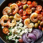 Greek shrimp and feta skillet - the image is a close-up of a salad in a black frying pan. the salad is made up of various ingredients, including shrimp, cherry tomatoes, olives, red onions, and feta cheese. the shrimp are arranged in a circular pattern, with some overlapping each other. the cherry tomatoes are bright red and appear to be ripe, while the olives are dark green. the feta is crumbled and scattered throughout the salad. there are also a few sprigs of parsley scattered around the pan, adding a pop of green color to the dish. the pan is sitting on a dark grey countertop.