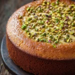 Greek yogurt pistachio cake - the image is of a round cake on a black cake stand. the cake appears to be freshly baked and has a golden brown crust. on top of the cake, there are small pieces of pistachios scattered across the surface. the pistachio nuts are a mix of green and purple colors, and they are arranged in a circular pattern around the cake. the background is a wooden table with a few green leaves scattered around. the overall mood of the image is rustic and cozy.