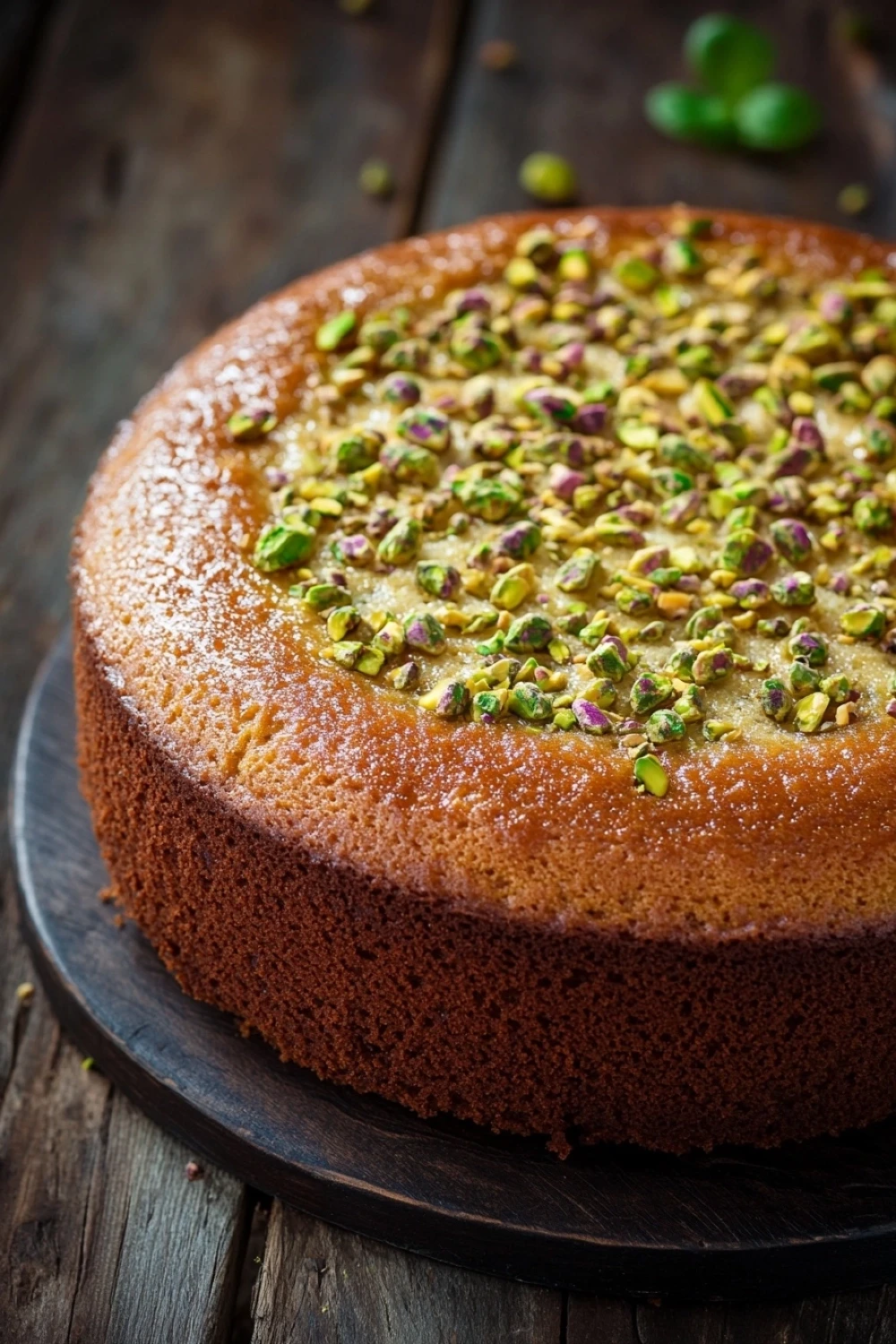 Greek yogurt pistachio cake - the image is of a round cake on a black cake stand. the cake appears to be freshly baked and has a golden brown crust. on top of the cake, there are small pieces of pistachios scattered across the surface. the pistachio nuts are a mix of green and purple colors, and they are arranged in a circular pattern around the cake. the background is a wooden table with a few green leaves scattered around. the overall mood of the image is rustic and cozy.