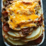 Ground beef and sliced potato casserole - the image is a close-up of a dish in a white rectangular baking dish. the dish appears to be a casserole or lasagna, with layers of layers of cheese on top. the cheese is melted and bubbly, and it is oozing out of the sides of the dish. on top of the cheese, there is a layer of ground beef, which is a dark brown color, and there are small chunks of tomato sauce scattered throughout the dish, likely from the tomato sauce. there are also a few slices of sliced potatoes on the side, which are also covered in the cheese. the background is dark, making the dish stand out.