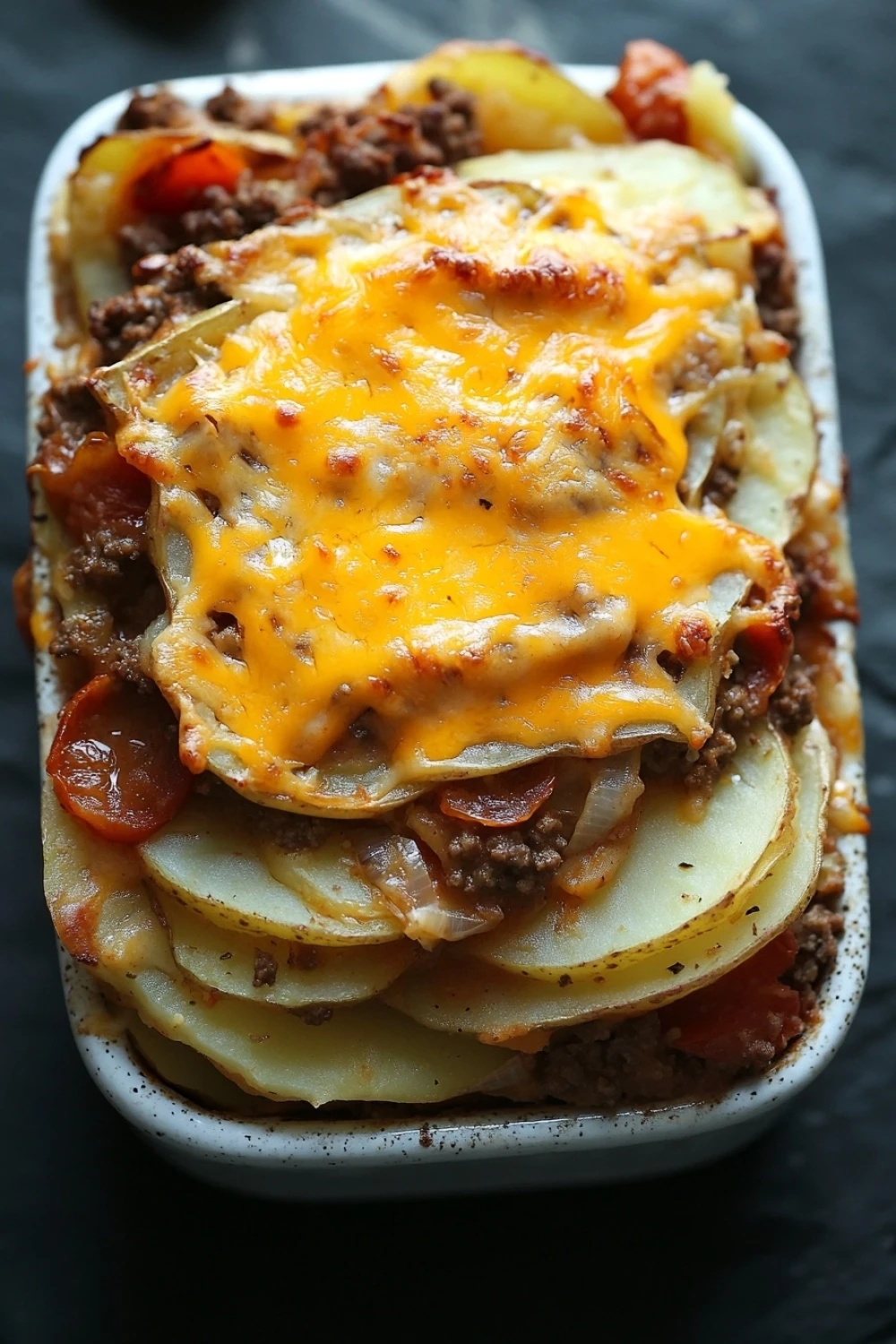 Ground beef and sliced potato casserole - the image is a close-up of a dish in a white rectangular baking dish. the dish appears to be a casserole or lasagna, with layers of layers of cheese on top. the cheese is melted and bubbly, and it is oozing out of the sides of the dish. on top of the cheese, there is a layer of ground beef, which is a dark brown color, and there are small chunks of tomato sauce scattered throughout the dish, likely from the tomato sauce. there are also a few slices of sliced potatoes on the side, which are also covered in the cheese. the background is dark, making the dish stand out.