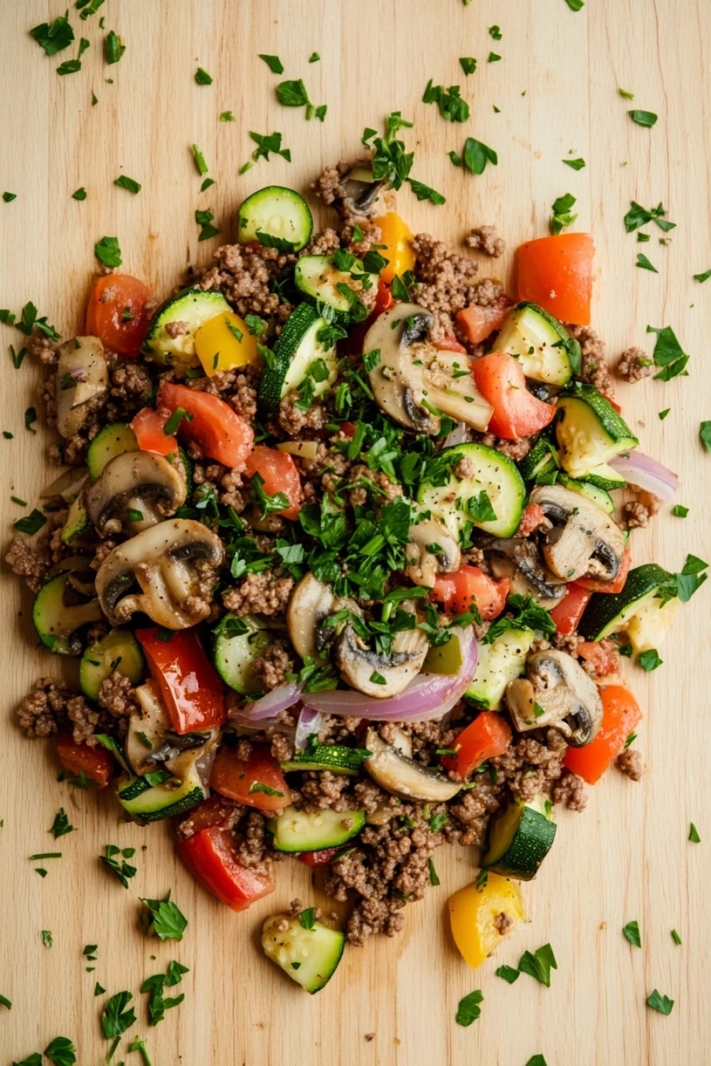 Ground beef dinner gf - the image is a close-up of a colorful salad on a wooden cutting board. the salad is made up of various vegetables, including zucchini, bell peppers, and mushrooms. the vegetables are arranged in a circular pattern, with some overlapping each other. the ground is a light brown color, and there are small pieces of minced meat scattered throughout the salad. there are also some chopped parsley scattered throughout, adding a pop of green color to the dish. the overall appearance of the salad is fresh and appetizing.