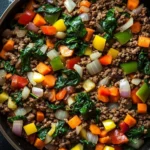 Ground beef dinner no pasta - the image shows a frying pan with a mixture of ground beef and vegetables in it. the pan is black and has a handle on one side. the ground beef appears to be cooked and is mixed with various vegetables such as carrots, bell peppers, onions, and spinach. the vegetables are bright orange and yellow in color and are arranged in a colorful and appetizing manner. the background is dark and out of focus, making the colors of the vegetables stand out.