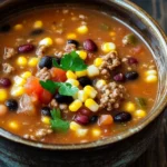 Ground beef taco soup - the image is a close-up of a bowl of chili. the bowl is made of ceramic and is sitting on a wooden table. the chili is a rich orange color and appears to be thick and hearty. it is filled with chunks of ground beef, black beans, corn kernels, and diced tomatoes. there are also some fresh cilantro leaves scattered throughout the dish. the overall appearance of the chili is fresh and appetizing.