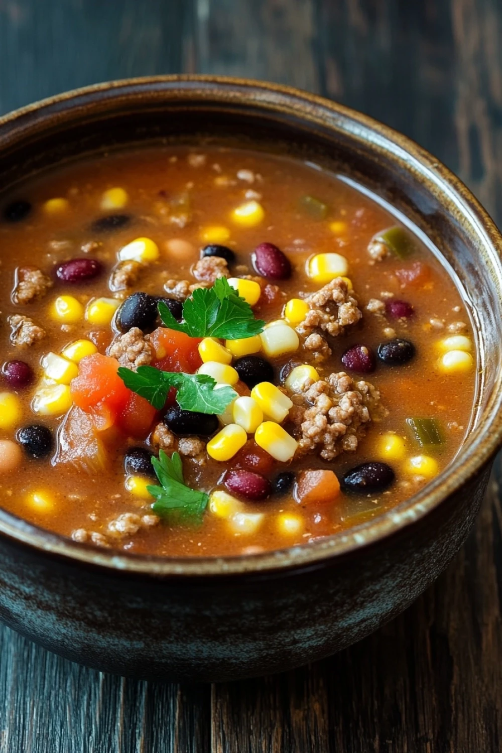 Ground beef taco soup - the image is a close-up of a bowl of chili. the bowl is made of ceramic and is sitting on a wooden table. the chili is a rich orange color and appears to be thick and hearty. it is filled with chunks of ground beef, black beans, corn kernels, and diced tomatoes. there are also some fresh cilantro leaves scattered throughout the dish. the overall appearance of the chili is fresh and appetizing.