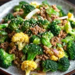 Ground turkey and broccoli for dinner - the image is a close-up of a plate of food. the plate is white with a brown rim and is placed on a dark wooden table. the food appears to be a stir-fry dish with broccoli, cauliflower, and minced meat. the broccoli is bright green and looks fresh, while the cauliflower is yellow and fluffy. the minced meat is a light brown color and is scattered throughout the dish. there are also some sesame seeds sprinkled on top. the dish is garnished with sliced onions and green onions.