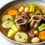 High protein beef bone broth - the image is a close-up of a bowl of soup. the soup appears to be thick and creamy, with chunks of meat and vegetables mixed in. the broth is a light brown color and is thick and thick. there are also chunks of carrots, celery, and onions visible in the soup. on top of the soup, there is a sprig of parsley. the bowl is made of ceramic and is sitting on a white marble countertop.