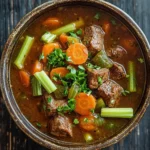 High protein beef crockpot - the image is a close-up of a bowl of beef stew on a dark wooden table. the stew is made with chunks of beef, carrots, celery, and herbs, and is garnished with fresh parsley. the bowl is made of ceramic and has a dark brown color. the background is blurred, but it appears to be a rustic wooden surface. the overall mood of the image is warm and inviting.