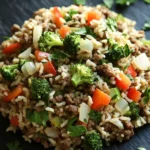High protein beef rice - the image shows a close-up of a dish made with rice and vegetables. the dish appears to be a type of stir-fry, with chunks of ground beef, broccoli, carrots, and onions mixed in. the rice is light brown and fluffy, and the vegetables are bright green. the plate is black and there are a few sprigs of parsley scattered around the dish. the background is blurred, making the dish the focal point of the image.