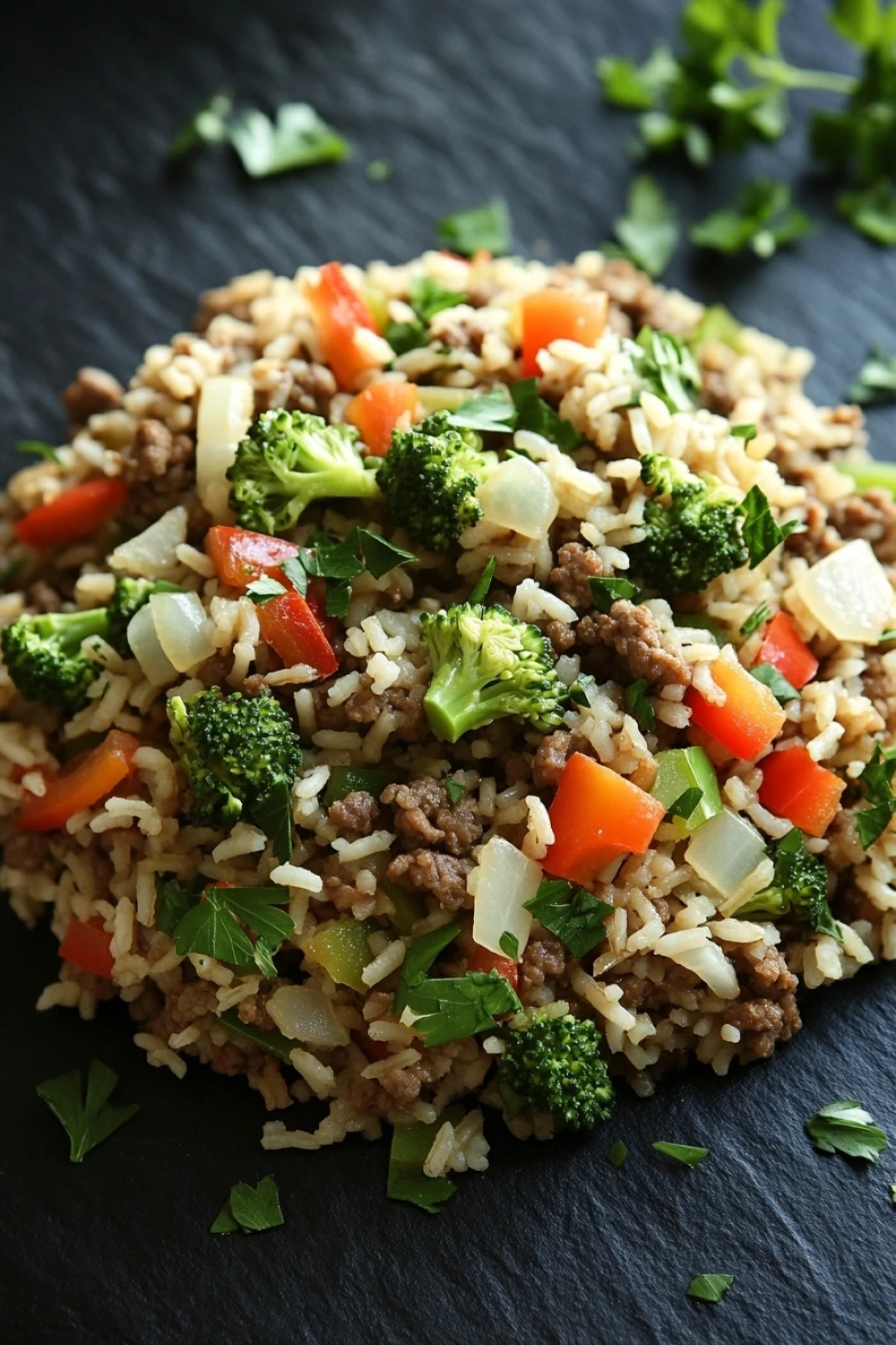 High protein beef rice - the image shows a close-up of a dish made with rice and vegetables. the dish appears to be a type of stir-fry, with chunks of ground beef, broccoli, carrots, and onions mixed in. the rice is light brown and fluffy, and the vegetables are bright green. the plate is black and there are a few sprigs of parsley scattered around the dish. the background is blurred, making the dish the focal point of the image.