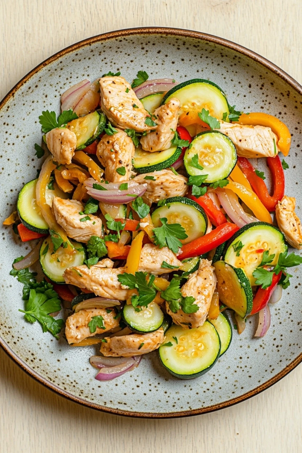 High protein chicken and zucchini - the image is a close-up of a plate of salad. the plate is round and has a light blue and white speckled pattern. the salad is made up of various vegetables, including zucchini, red bell peppers, yellow squash, and red onions. there are also chunks of chicken mixed in with the vegetables. the chicken is cooked to a golden brown color and appears to be seasoned with herbs and spices. the vegetables are arranged in a colorful and appetizing manner, with some overlapping each other. the dish is garnished with fresh cilantro leaves.