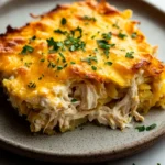 High protein chicken hashbrown casserole - the image shows a slice of chicken casserole on a brown plate. the dish is golden brown and has a layer of melted cheese on top. the cheese is melted and bubbly, and there are small pieces of chicken scattered throughout the dish. the plate is garnished with chopped parsley. the background is blurred, but it appears to be a kitchen countertop.