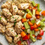 High protein chicken in crockpot - the image is a close-up of a plate of food. the plate is white with a speckled pattern and is placed on a white marble countertop. on top of the plate, there are several pieces of cooked chicken, which appear to be seasoned with herbs and spices. the chicken is cut into small cubes and is arranged in a pile on top of a bed of quinoa. on the right side of the image, there is a pile of diced carrots, celery, and red onions. the vegetables are cut into thin strips and are mixed in with the quinoa, creating a colorful and appetizing dish.