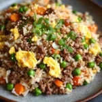 High protein korean beef fried rice - the image is a close-up of a plate of fried rice with minced meat and vegetables. the rice is brown and appears to be seasoned with sesame seeds. there are small pieces of green onions scattered throughout the dish, adding a pop of color. the dish is served on a dark grey plate with a textured surface. the background is blurred, making the plate the focal point of the image.