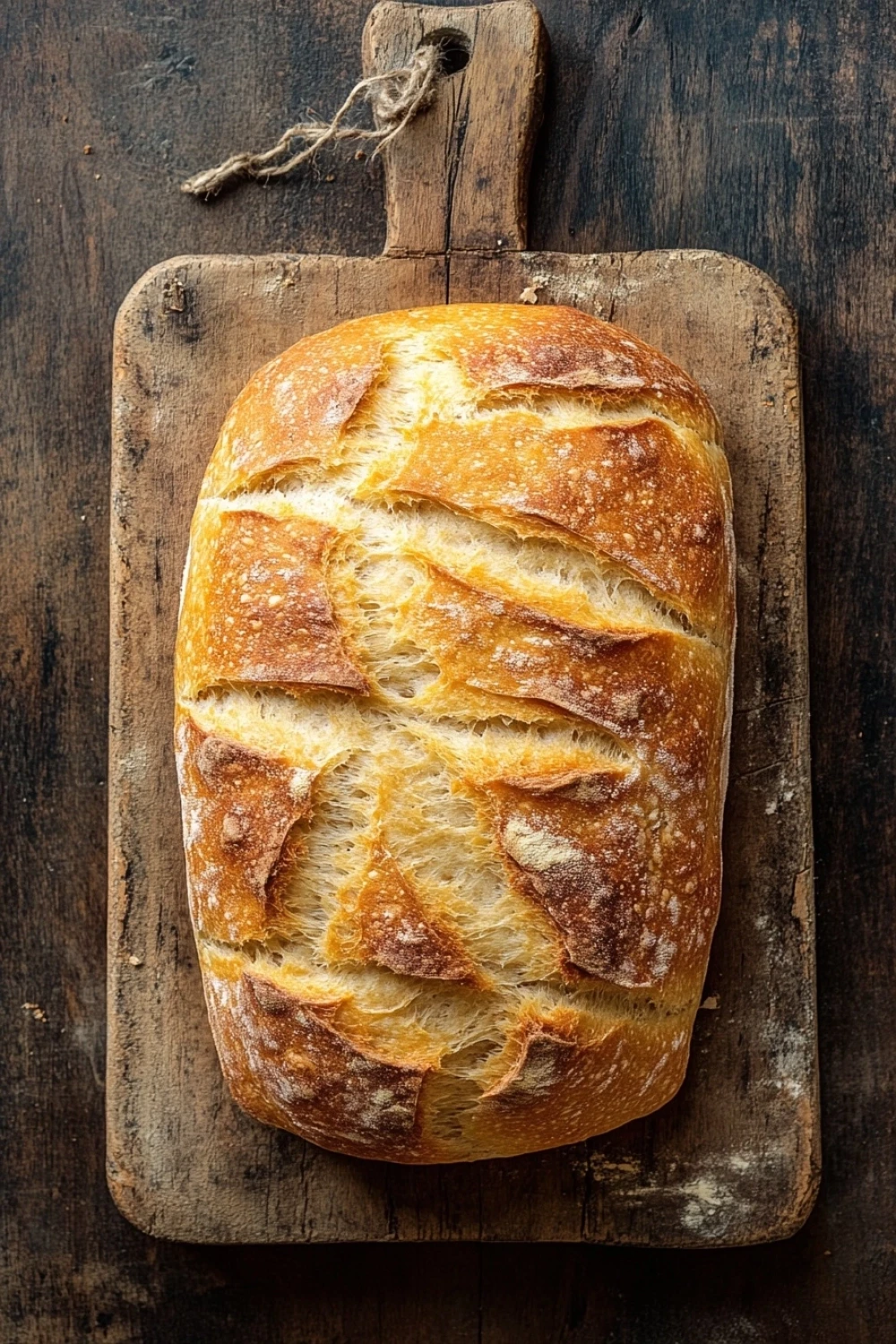 Kefir bread with yeast - the image shows a freshly baked loaf of bread on a wooden cutting board. the bread is golden brown in color and has a criss-cross pattern on the top. it appears to be freshly baked and is sitting on a dark wooden surface. the cutting board is made of light-colored wood and has two handles on either side. a string is tied around the top of the bread, possibly for hanging. the background is blurred, but it seems to be a rustic kitchen countertop.