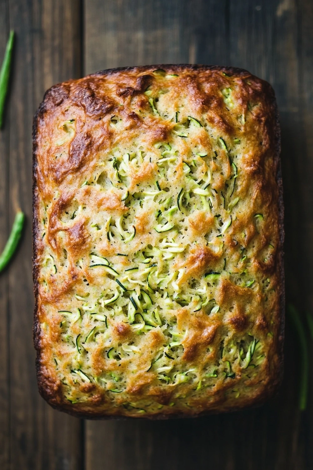 Keto zucchini sandwich bread - the image is a close-up of a freshly baked loaf of bread on a wooden surface. the bread appears to be golden brown in color and has a crumbly texture. on top of the bread, there are small pieces of zucchini and cheese scattered across the surface. there are also some green beans scattered around the loaf. the overall appearance is rustic and appetizing.