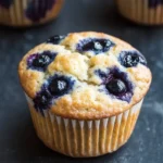 Kodiak muffin greek yogurt - the image shows three freshly baked blueberry muffins on a dark grey textured surface. the muffins are golden brown in color and have a crumbly texture. they are topped with fresh blueberries, which are visible in the center of each muffin. the blueberries are arranged in a circular pattern around the edges of the muffins, with some overlapping each other. the background is blurred, but it appears to be a kitchen countertop.