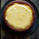 Lemon cake lemon pudding - the image is a close-up of a round cake on a black plate. the cake appears to be a chocolate cake with a golden brown crust on top. the top of the cake is covered in a creamy yellow sauce, which is spread evenly across the cake. the sauce is drizzled over the cake, creating a smooth and creamy texture. the plate is placed on a wooden table, and the background is blurred, making the cake the focal point of the image.