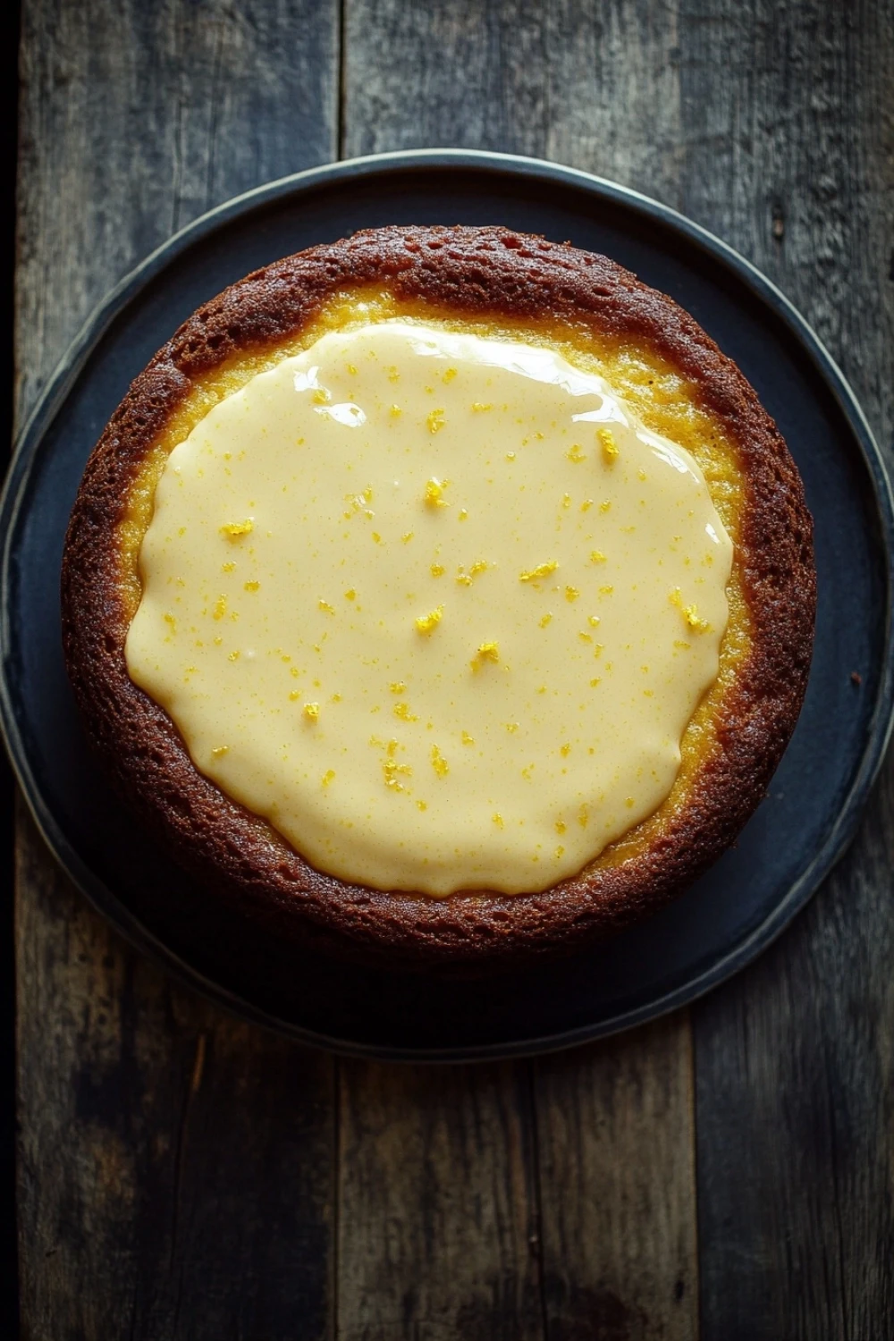 Lemon cake lemon pudding - the image is a close-up of a round cake on a black plate. the cake appears to be a chocolate cake with a golden brown crust on top. the top of the cake is covered in a creamy yellow sauce, which is spread evenly across the cake. the sauce is drizzled over the cake, creating a smooth and creamy texture. the plate is placed on a wooden table, and the background is blurred, making the cake the focal point of the image.