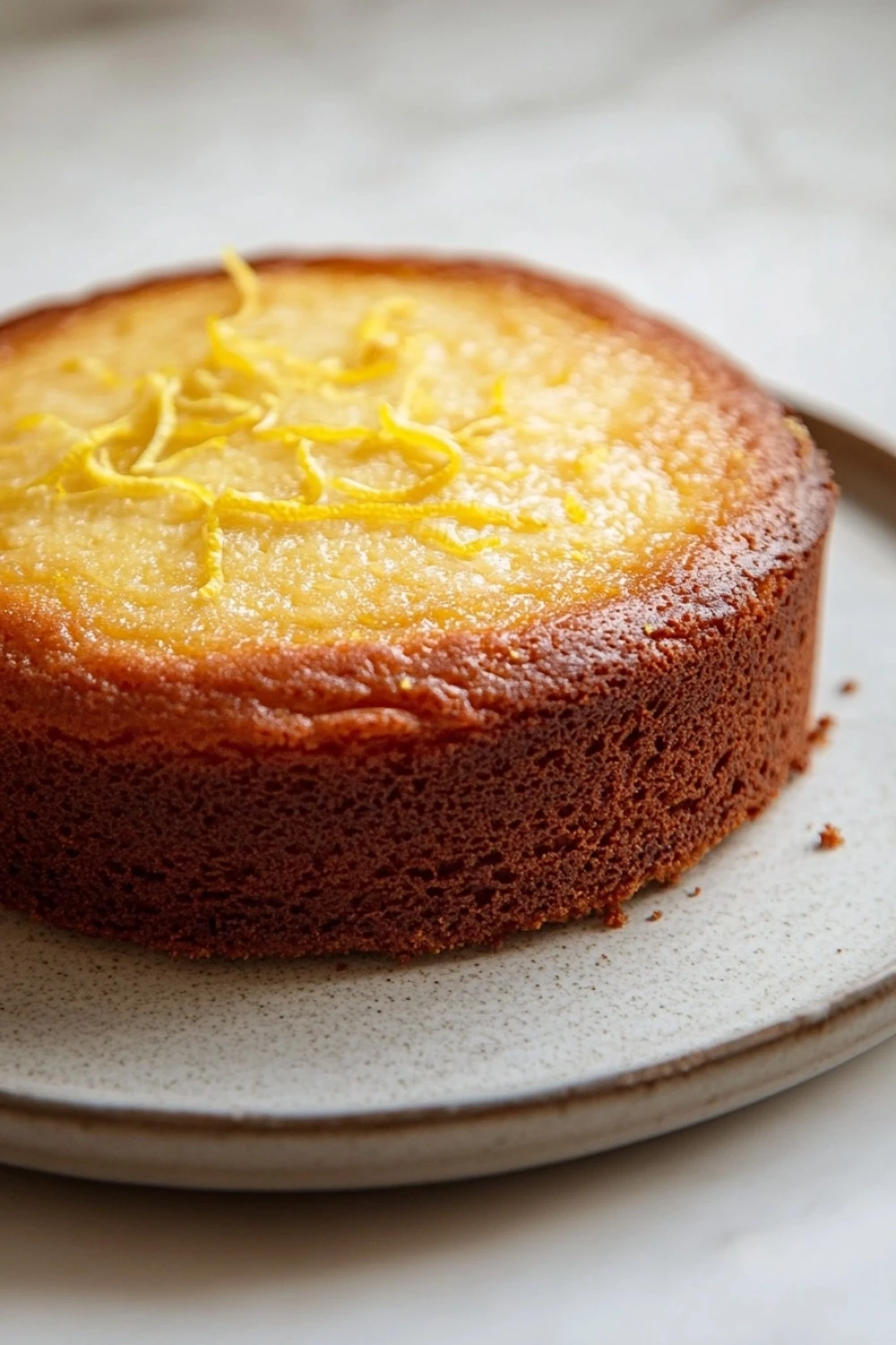 Lemon cake no milk - the image is a close-up of a round cake on a white plate. the cake appears to be a chocolate cake with a golden brown crust on top. the top of the cake is covered in a layer of yellow frosting, which is drizzled with a thin layer of orange zest. the frosting is smooth and shiny, and the cake looks freshly baked. the plate is sitting on a marble countertop.