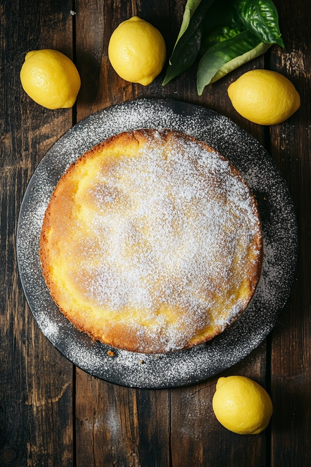 Lemon cake with italian ingredients - the image shows a round cake on a black plate with a dusting of powdered sugar on top. the cake appears to be freshly baked and has a golden brown crust. there are several lemons scattered around the plate, some of which are whole and some are still attached to the plate. the background is a wooden table with a few green leaves scattered around. the overall mood of the image is rustic and homey.