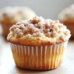 Lemon streusel muffin - the image shows a close-up of a freshly baked muffin on a white plate. the muffin is golden brown in color and has a crumbly texture on top. it is covered in a light dusting of powdered sugar, giving it a shiny appearance. in the background, there are other muffins visible, but they are slightly blurred. the plate is on a wooden table, and the background is out of focus.