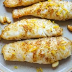 Lemon tilapia air fryer - the image shows three pieces of fish fillets on a plate. the fillets are golden brown and appear to be seasoned with herbs and spices. they are arranged in a row on the plate, with some of them overlapping each other. the plate is made of a light-colored ceramic or porcelain material and is placed on a wooden table. there are also some peanuts scattered around the plate.