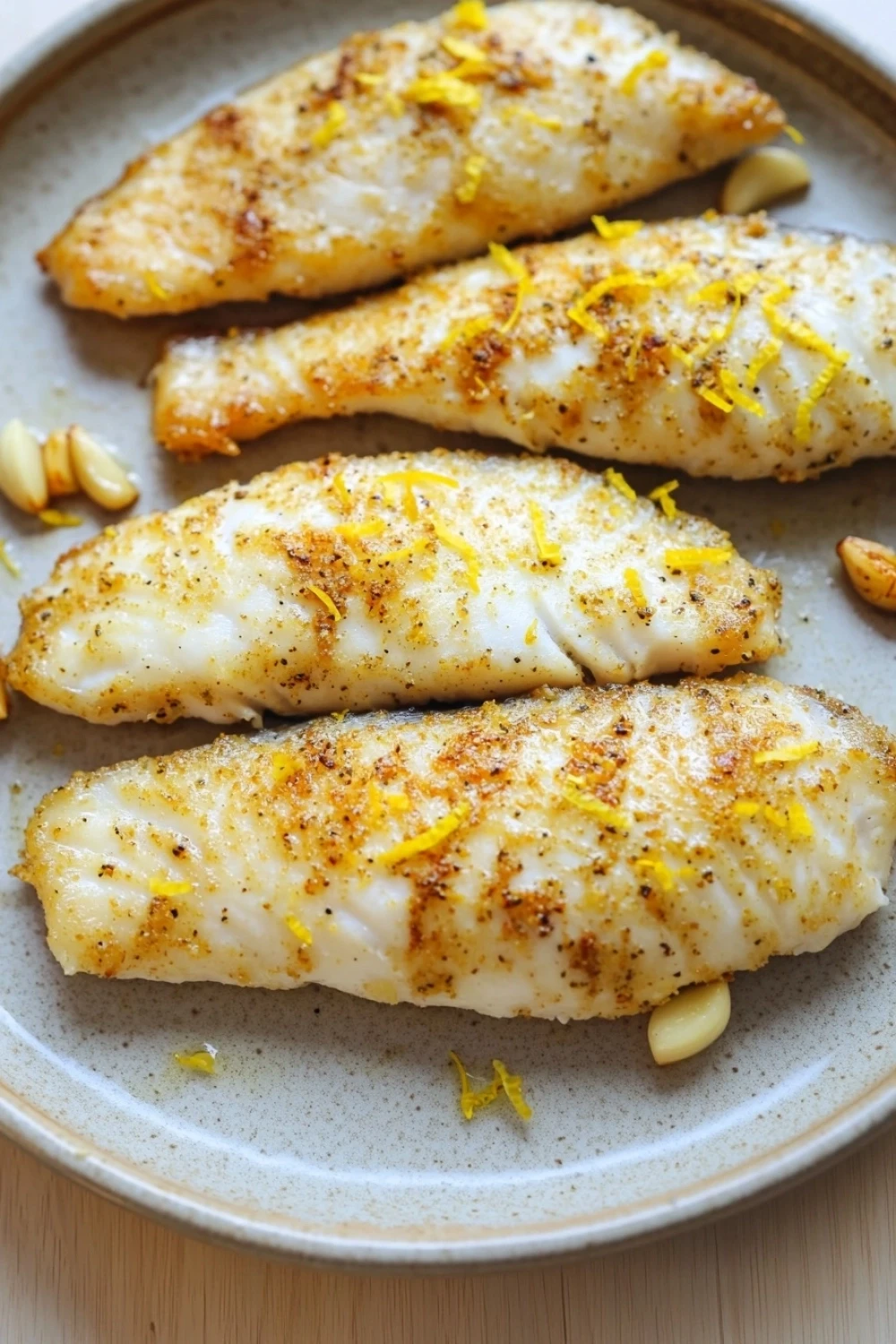 Lemon tilapia air fryer - the image shows three pieces of fish fillets on a plate. the fillets are golden brown and appear to be seasoned with herbs and spices. they are arranged in a row on the plate, with some of them overlapping each other. the plate is made of a light-colored ceramic or porcelain material and is placed on a wooden table. there are also some peanuts scattered around the plate.