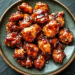 Low calorie chicken glaze - the image shows a plate of cooked chicken wings on a dark green plate. the wings are golden brown and appear to be coated in a sweet and savory sauce. the sauce is drizzled over the wings, giving them a glossy sheen. the plate is sitting on a textured surface, possibly a table or countertop. the overall appearance of the dish is appetizing and inviting.