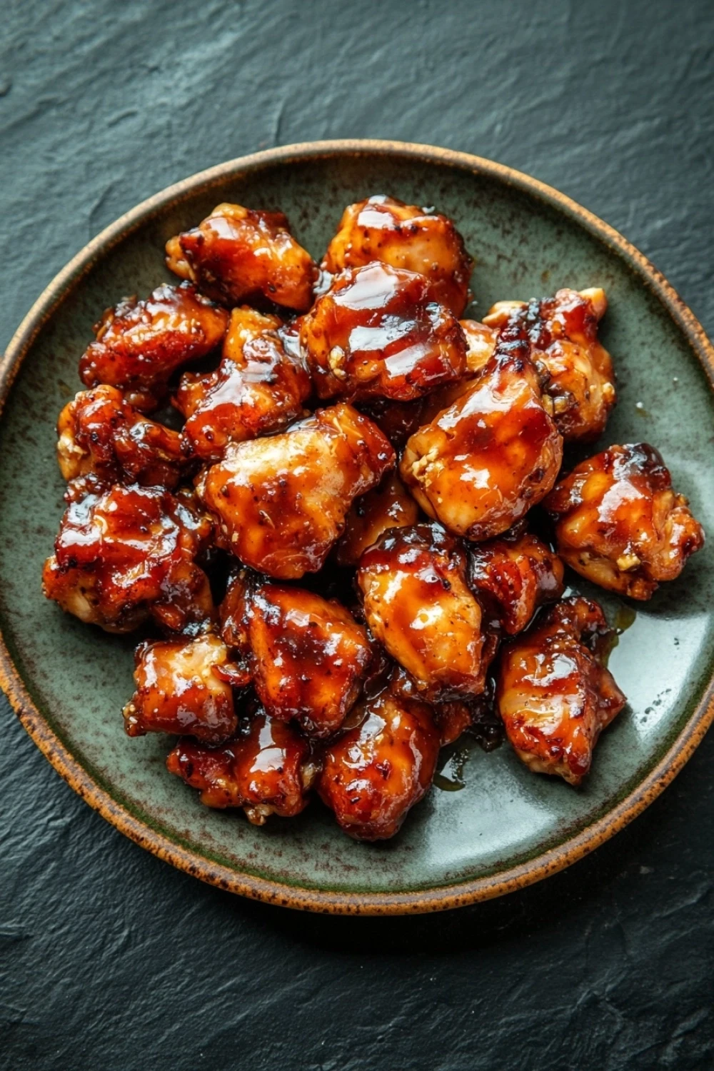 Low calorie chicken glaze - the image shows a plate of cooked chicken wings on a dark green plate. the wings are golden brown and appear to be coated in a sweet and savory sauce. the sauce is drizzled over the wings, giving them a glossy sheen. the plate is sitting on a textured surface, possibly a table or countertop. the overall appearance of the dish is appetizing and inviting.