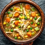Low calorie chicken pot pie soup - the image is a close-up of a bowl of soup. the bowl is made of ceramic and has an orange and brown color scheme. the soup appears to be a vegetable soup with chunks of chicken, carrots, corn, and green onions mixed in. the broth is thick and creamy, and the vegetables are bright and vibrant. the background is a dark grey textured surface. the overall mood of the image is warm and inviting.