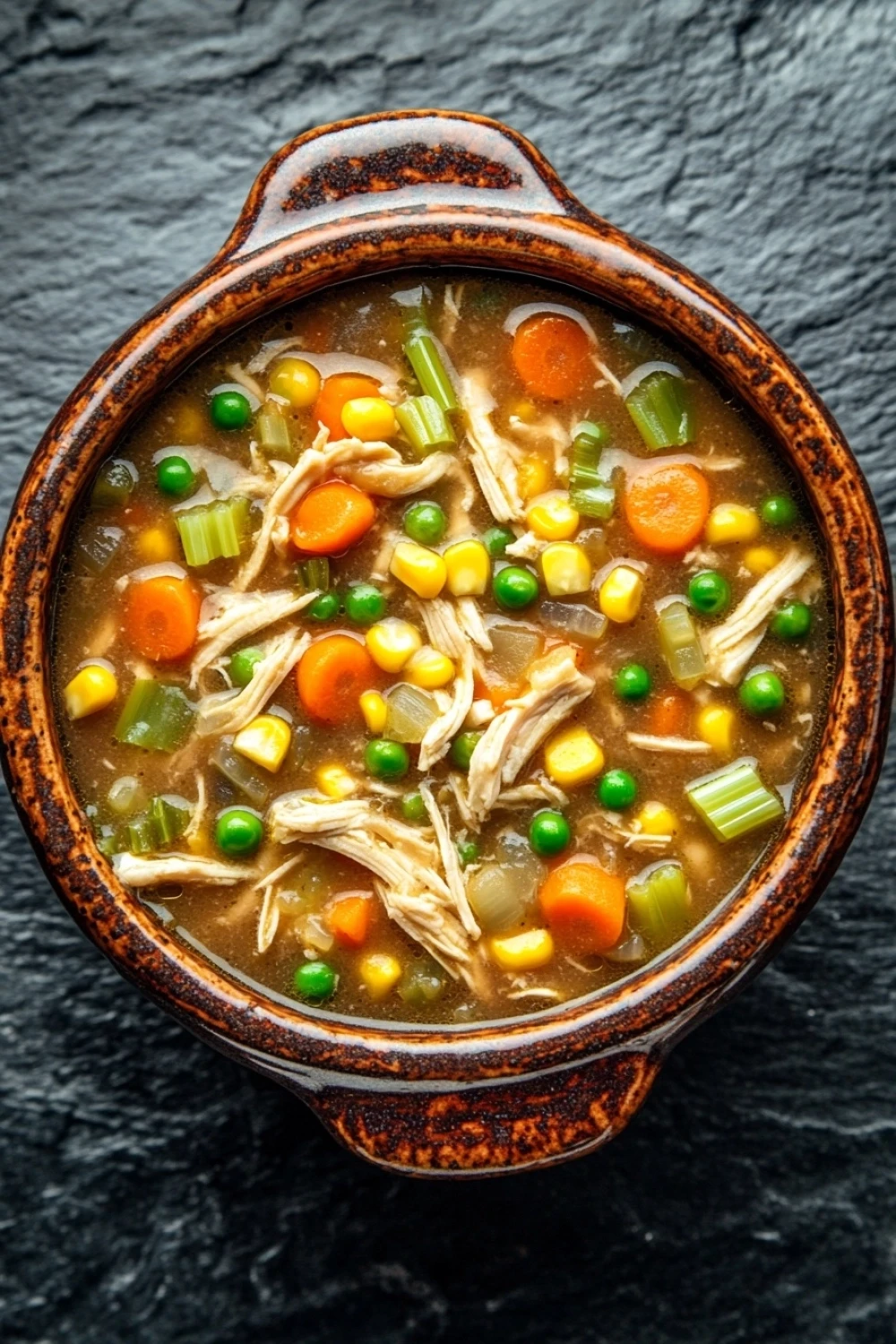 Low calorie chicken pot pie soup - the image is a close-up of a bowl of soup. the bowl is made of ceramic and has an orange and brown color scheme. the soup appears to be a vegetable soup with chunks of chicken, carrots, corn, and green onions mixed in. the broth is thick and creamy, and the vegetables are bright and vibrant. the background is a dark grey textured surface. the overall mood of the image is warm and inviting.