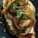 Low calorie french onion chicken - the image shows a close-up of a piece of grilled chicken breast on a black slate plate. the chicken breast is golden brown and appears to be seasoned with herbs and spices. on top of the chicken breast, there are sliced onions arranged in a circular pattern. the onions are caramelized and have a crispy texture. the plate is garnished with a sprig of fresh parsley. the overall presentation of the dish is appetizing and visually appealing.