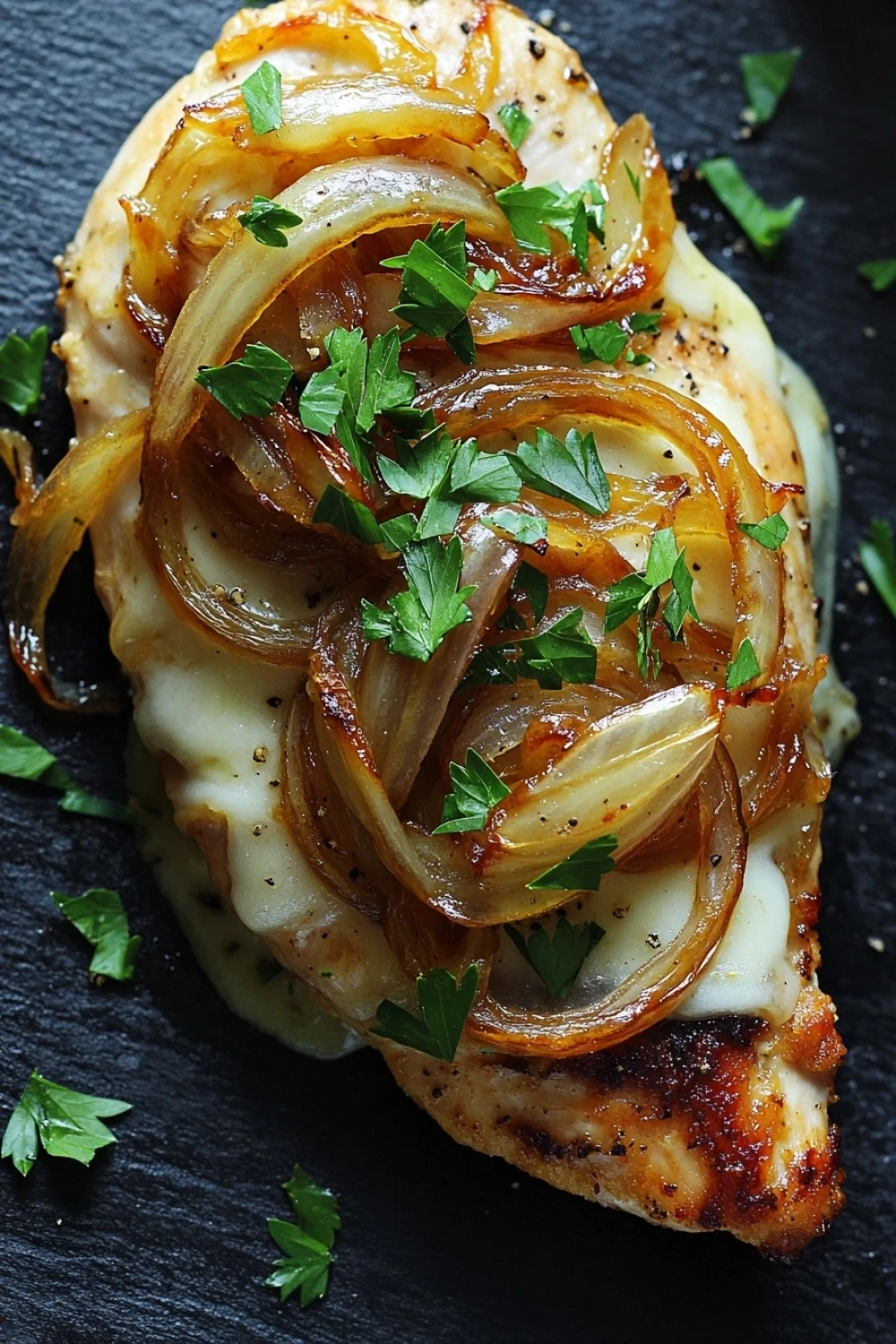 Low calorie french onion chicken - the image shows a close-up of a piece of grilled chicken breast on a black slate plate. the chicken breast is golden brown and appears to be seasoned with herbs and spices. on top of the chicken breast, there are sliced onions arranged in a circular pattern. the onions are caramelized and have a crispy texture. the plate is garnished with a sprig of fresh parsley. the overall presentation of the dish is appetizing and visually appealing.