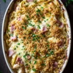Make ahead chicken cordon bleu casserole - the image shows a white ceramic casserole dish filled with a dish of macaroni and cheese. the dish appears to be freshly baked and has a golden brown crust on top. the cheese is melted and bubbly, and there are chunks of ham scattered throughout the dish. there are also a few sprigs of parsley scattered around the dish, adding a pop of green color. the background is a dark wooden table, and the overall mood of the image is warm and inviting.