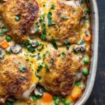 Make ahead chicken thigh casserole - the image shows a baking dish filled with a dish of chicken pot pie. the dish is made of ceramic and has a brown rim. the chicken is golden brown and appears to be seasoned with herbs and spices. it is covered in a creamy yellow sauce with chunks of carrots, peas, and mushrooms scattered throughout. the sauce is drizzled over the top of the dish, giving it a golden-brown color. there are also a few sprigs of fresh parsley scattered throughout the dish. the background is a dark wooden table.