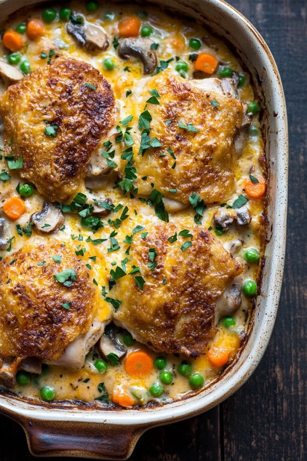Make ahead chicken thigh casserole - the image shows a baking dish filled with a dish of chicken pot pie. the dish is made of ceramic and has a brown rim. the chicken is golden brown and appears to be seasoned with herbs and spices. it is covered in a creamy yellow sauce with chunks of carrots, peas, and mushrooms scattered throughout. the sauce is drizzled over the top of the dish, giving it a golden-brown color. there are also a few sprigs of fresh parsley scattered throughout the dish. the background is a dark wooden table.