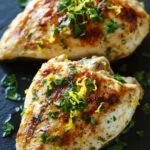 Make ahead lemon chicken - the image shows two pieces of grilled chicken breasts on a black slate plate. the chicken breasts are golden brown and appear to be seasoned with herbs and spices. the herbs are scattered on top of the chicken breasts, adding a pop of green color to the dish. the plate is garnished with chopped parsley, giving it a fresh and appetizing appearance. the background is blurred, making the chicken the focal point of the image.