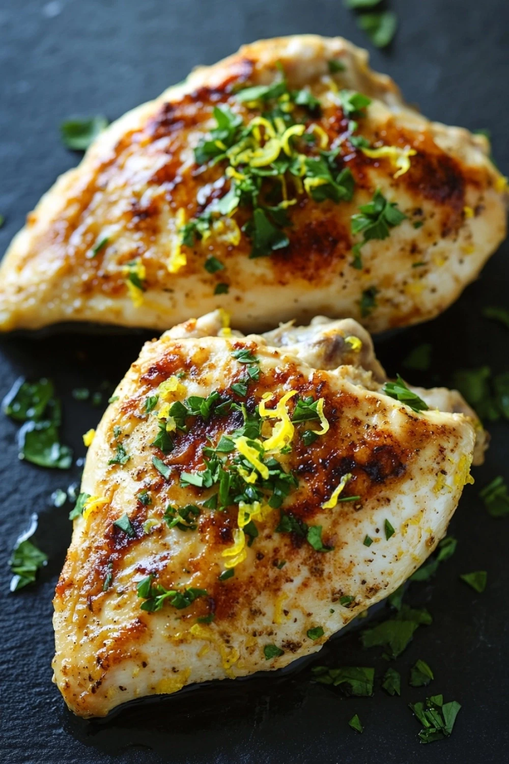 Make ahead lemon chicken - the image shows two pieces of grilled chicken breasts on a black slate plate. the chicken breasts are golden brown and appear to be seasoned with herbs and spices. the herbs are scattered on top of the chicken breasts, adding a pop of green color to the dish. the plate is garnished with chopped parsley, giving it a fresh and appetizing appearance. the background is blurred, making the chicken the focal point of the image.
