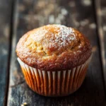 Muffin allo yogurt di benedetta - the image is a close-up of a freshly baked muffin on a wooden surface. the muffin is golden brown in color and has a crumbly texture. it is dusted with powdered sugar, giving it a shiny appearance. the background is blurred, making the muffin the focal point of the image. the wooden surface appears to be weathered and aged, with visible cracks and chips.