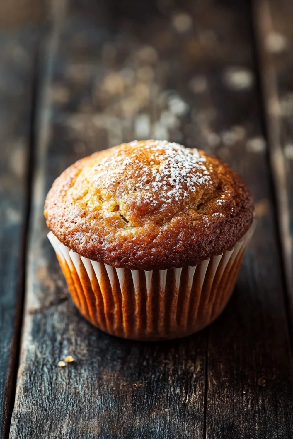 Muffin allo yogurt di benedetta - the image is a close-up of a freshly baked muffin on a wooden surface. the muffin is golden brown in color and has a crumbly texture. it is dusted with powdered sugar, giving it a shiny appearance. the background is blurred, making the muffin the focal point of the image. the wooden surface appears to be weathered and aged, with visible cracks and chips.