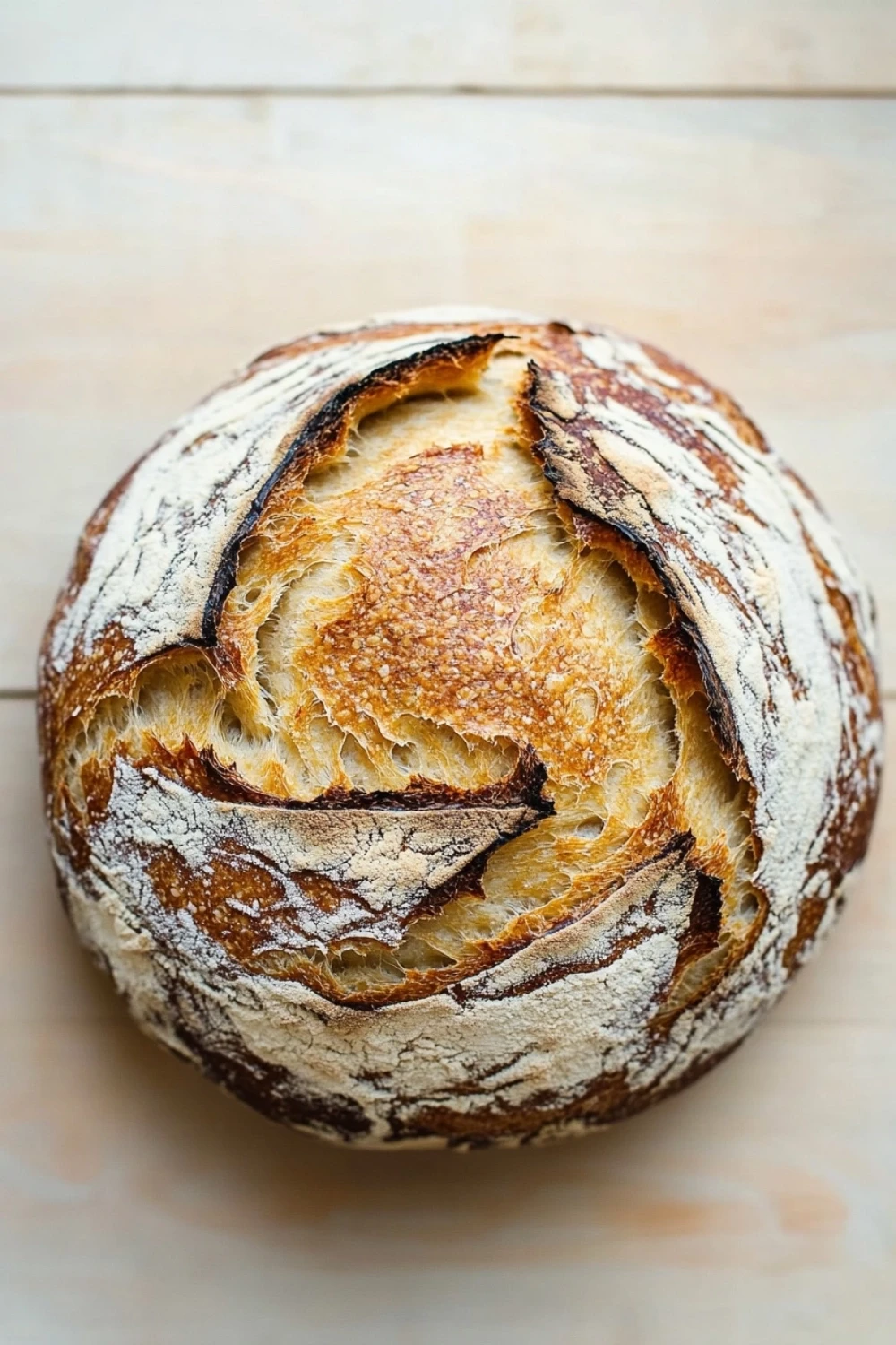 No knead bread dutch oven rise - the image is a close-up of a round loaf of bread on a wooden surface. the bread appears to be freshly baked and has a golden brown crust on top. the inside of the bread is visible, with a swirl pattern of white and brown swirls. the edges of the crust are slightly frayed, indicating that the bread has been freshly baked. the background is a light-colored wooden surface, which contrasts with the warm tones of the wood. the overall mood of the image is rustic and cozy.