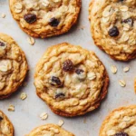 Oatmeal cookie no banana - the image shows a group of freshly baked oatmeal cookies on a baking sheet. the cookies are round and golden brown in color, with visible oats and raisins scattered throughout. they are arranged in a scattered manner on the baking sheet, with some overlapping each other. the background is blurred, but it appears to be a kitchen countertop.