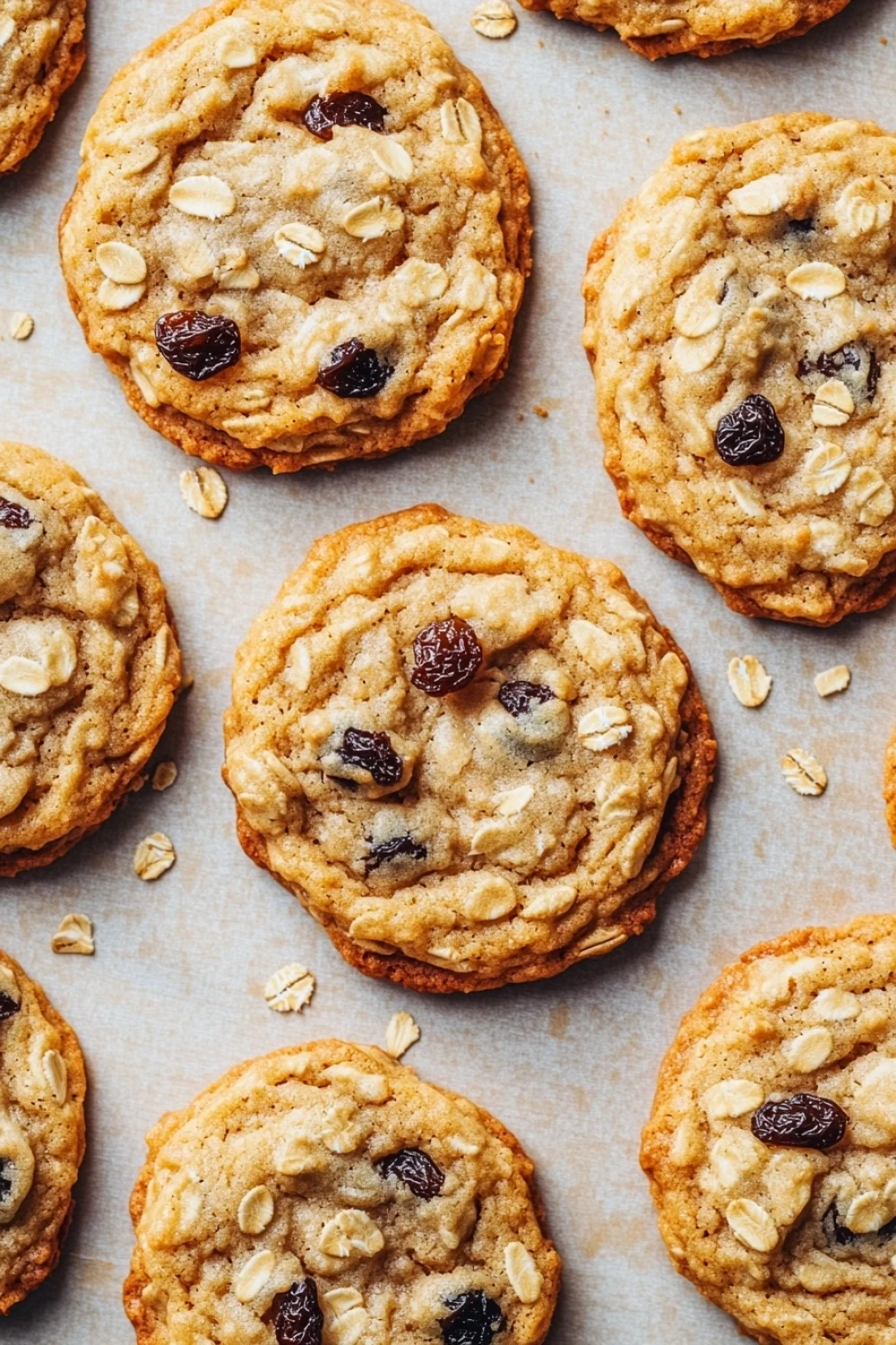 Oatmeal cookie no banana - the image shows a group of freshly baked oatmeal cookies on a baking sheet. the cookies are round and golden brown in color, with visible oats and raisins scattered throughout. they are arranged in a scattered manner on the baking sheet, with some overlapping each other. the background is blurred, but it appears to be a kitchen countertop.