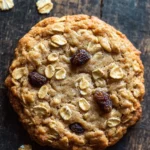 Oatmeal cookie without butter - the image is a close-up of a round cookie on a wooden surface. the cookie appears to be freshly baked and has a golden brown color. it is surrounded by scattered walnuts, which are visible in the background. the walnuts are of different sizes and shapes, and they are arranged in a scattered manner around the cookie. there are also a few raisins scattered around, adding a pop of color to the image. the overall mood of the image is warm and inviting.