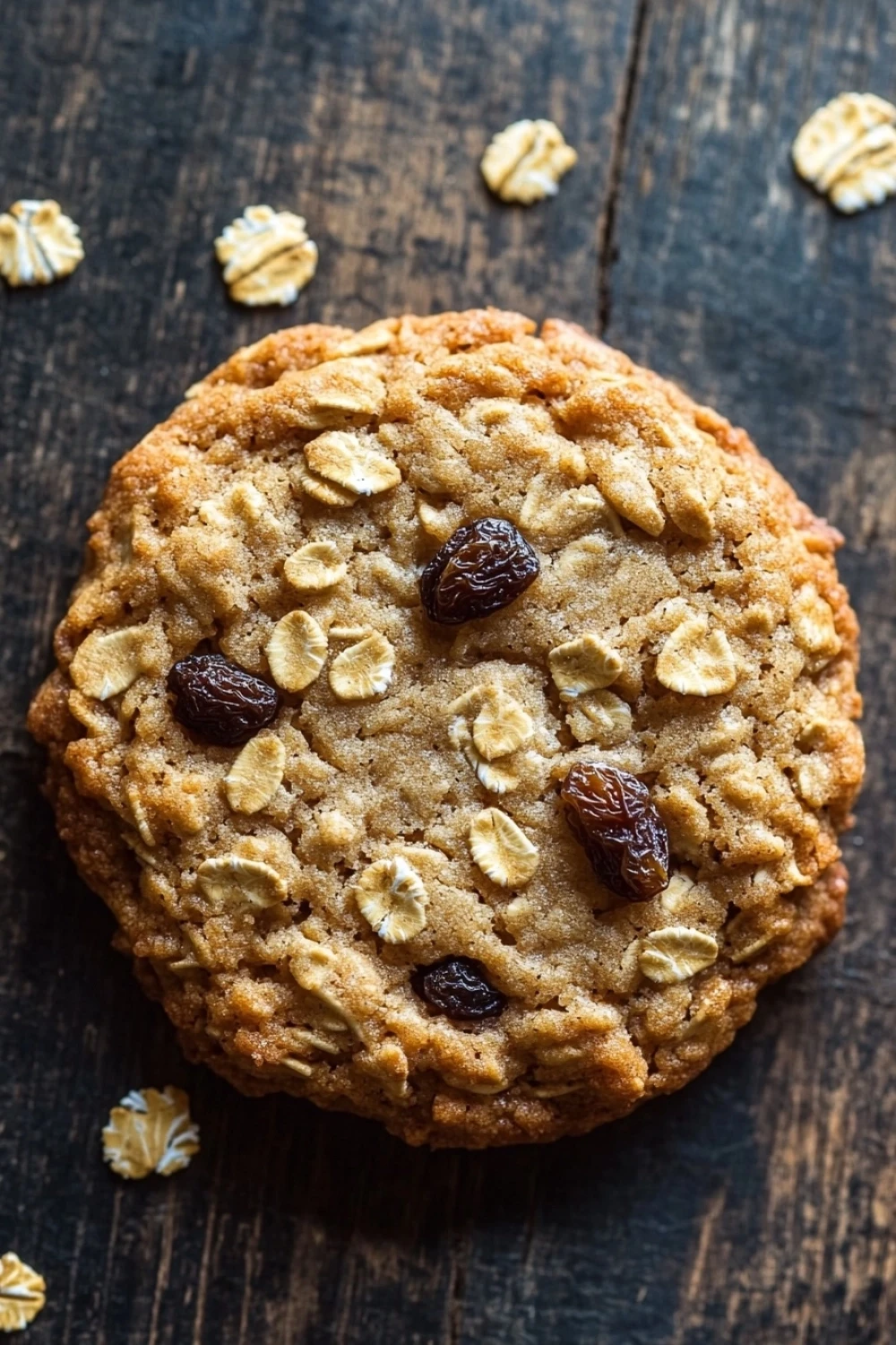Oatmeal cookie without butter - the image is a close-up of a round cookie on a wooden surface. the cookie appears to be freshly baked and has a golden brown color. it is surrounded by scattered walnuts, which are visible in the background. the walnuts are of different sizes and shapes, and they are arranged in a scattered manner around the cookie. there are also a few raisins scattered around, adding a pop of color to the image. the overall mood of the image is warm and inviting.
