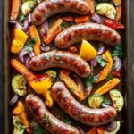 Oktoberfest sheet pan brats with roasted vegetables - the image shows a rectangular baking tray filled with cooked sausages and vegetables. the tray is made of cast iron and is placed on a wooden table. the sauses are arranged in a single layer on the tray, with some overlapping each other. the vegetables include sliced zucchini, bell peppers, red onions, and yellow bell peppers. there are also some herbs sprinkled on top, adding a pop of green color to the dish. the overall appearance of the dish is colorful and appetizing.