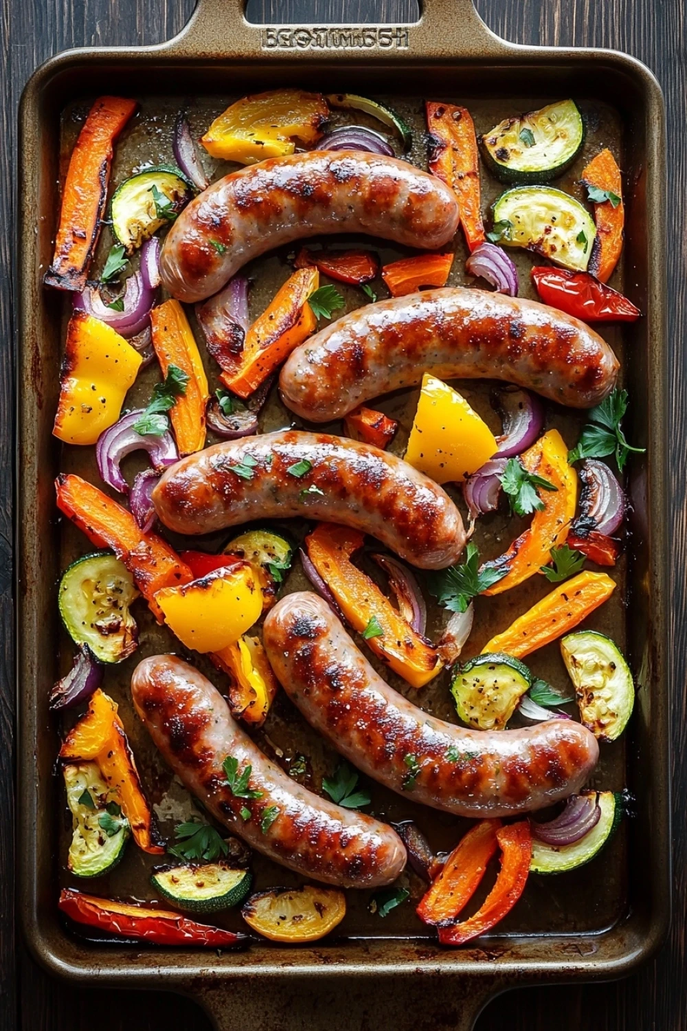 Oktoberfest sheet pan brats with roasted vegetables - the image shows a rectangular baking tray filled with cooked sausages and vegetables. the tray is made of cast iron and is placed on a wooden table. the sauses are arranged in a single layer on the tray, with some overlapping each other. the vegetables include sliced zucchini, bell peppers, red onions, and yellow bell peppers. there are also some herbs sprinkled on top, adding a pop of green color to the dish. the overall appearance of the dish is colorful and appetizing.